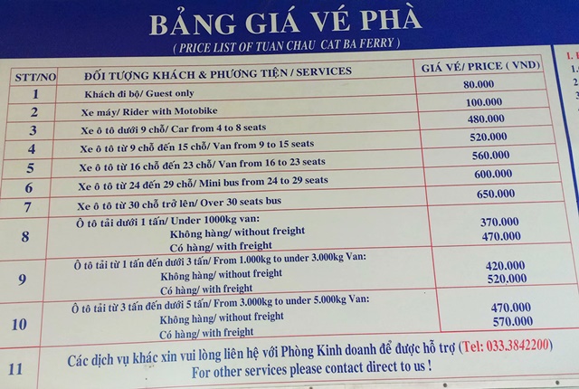 Price list Tuan Chau Cat Ba ferry